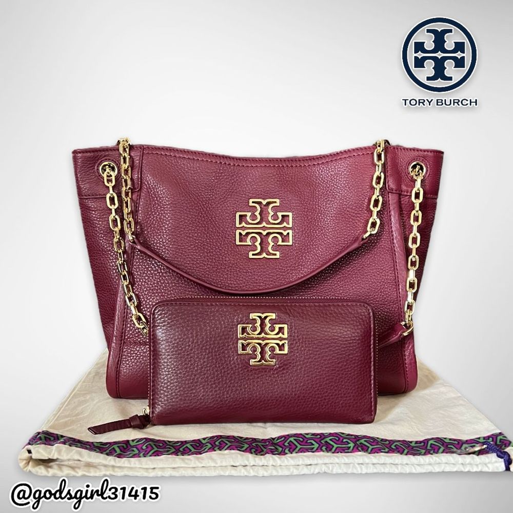 AUTHENTICATED Tory Burch Britten Slouchy Tote &Continental Wallet Red Agate $670